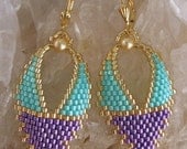Beadwork - Russian Leaf Earrings - Aqua/Purple