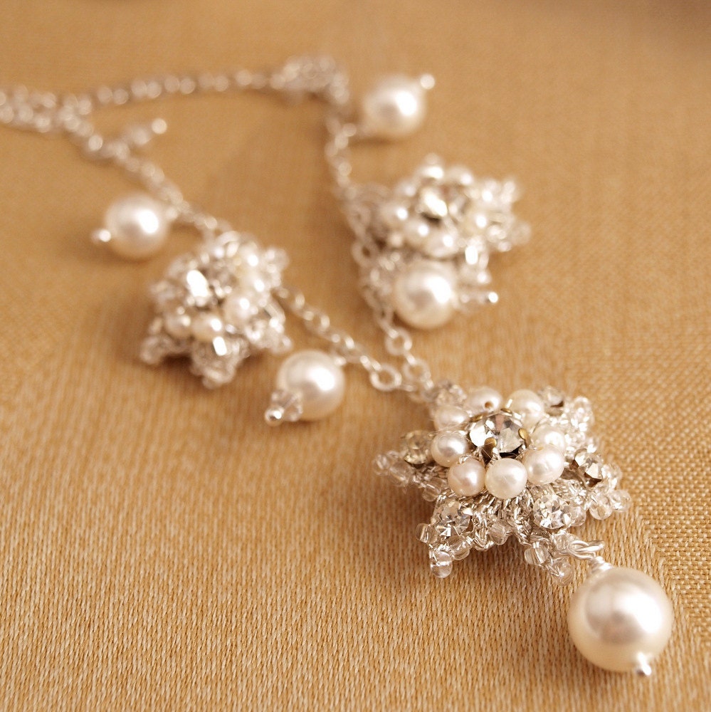 Swarovski Pearl Wedding Necklace / Silver Star Lace Motifs / Vintage Rhinestones / Victorian Inspired / "Étoile"