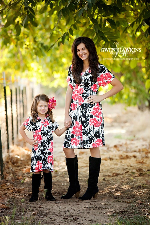 Matching mother daughter dresses...Black Coral Floral dress..Momi boutique