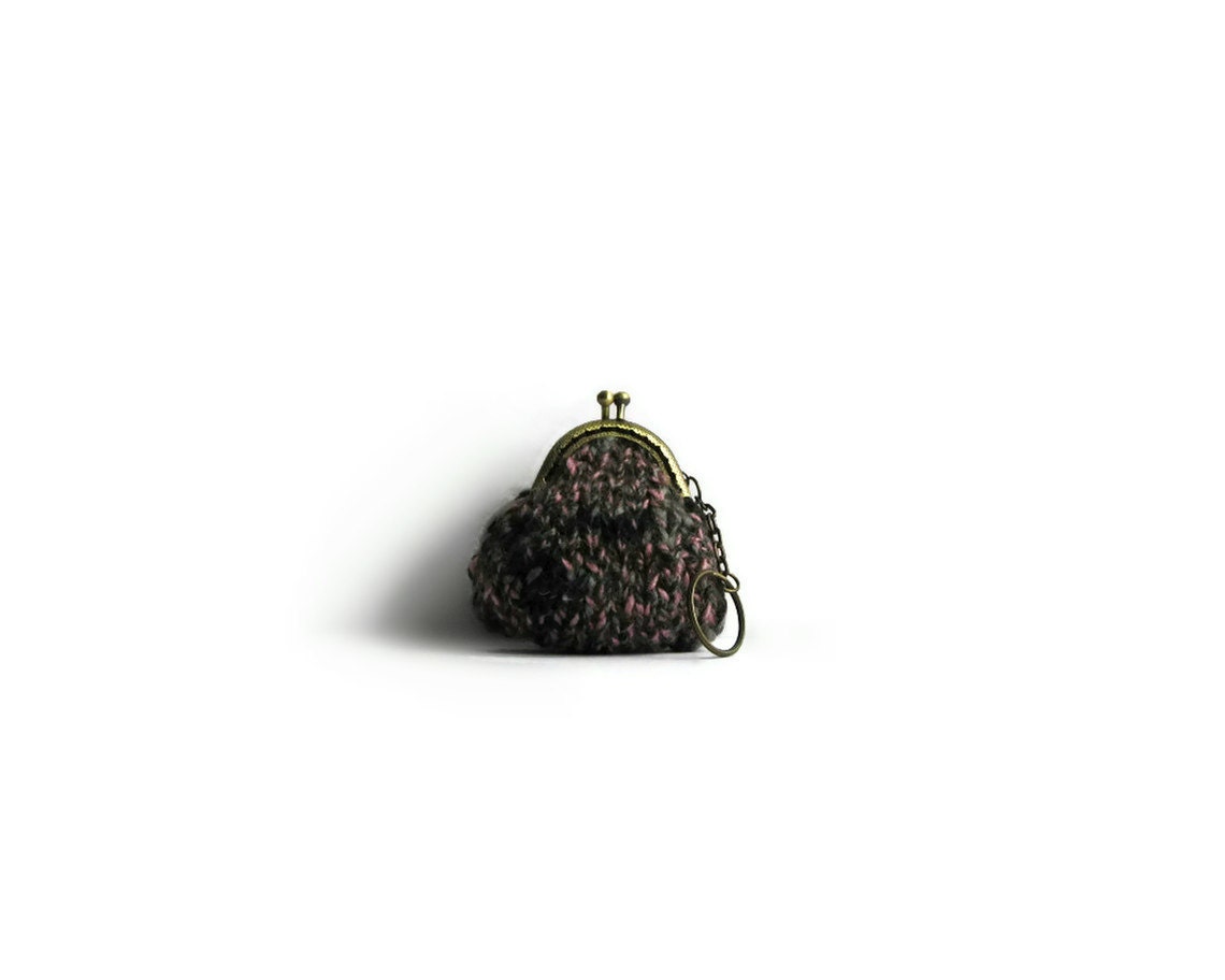Coin Purse with Keychain Knitted in Tweed Gray