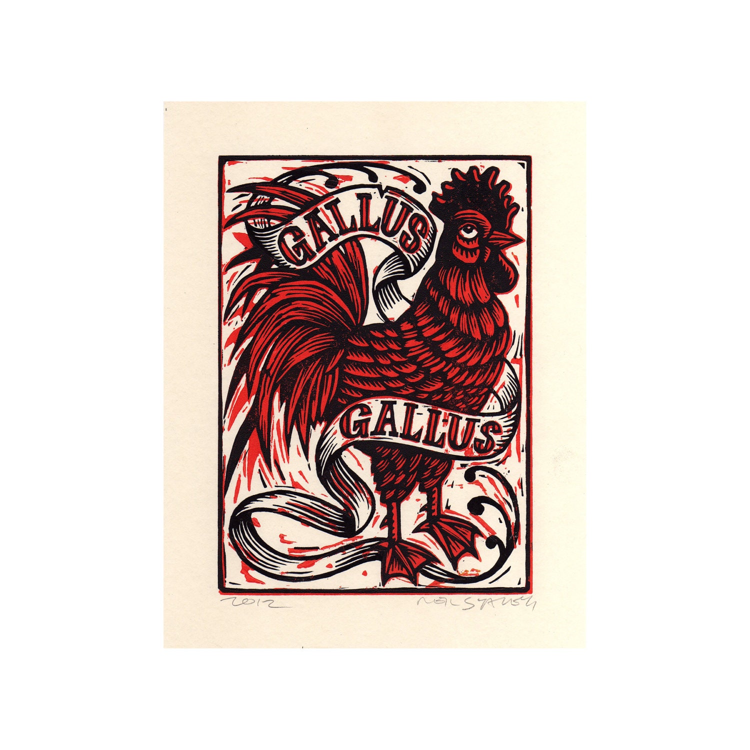 Rooster Hand Carved Linocut Art Print