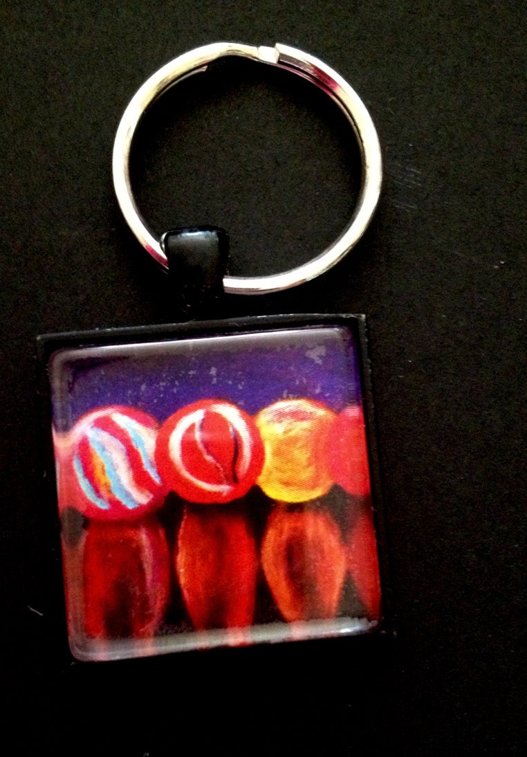 Key Chain Charm  black square glass marbles reflectiont mini print keys car house home