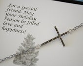 Cross Sideways Bracelet, Cross Bracelet, Crystal Cross Bracelet, Pearl Bracelet, Sterling Silver Cross Sideways, Christmas Card
