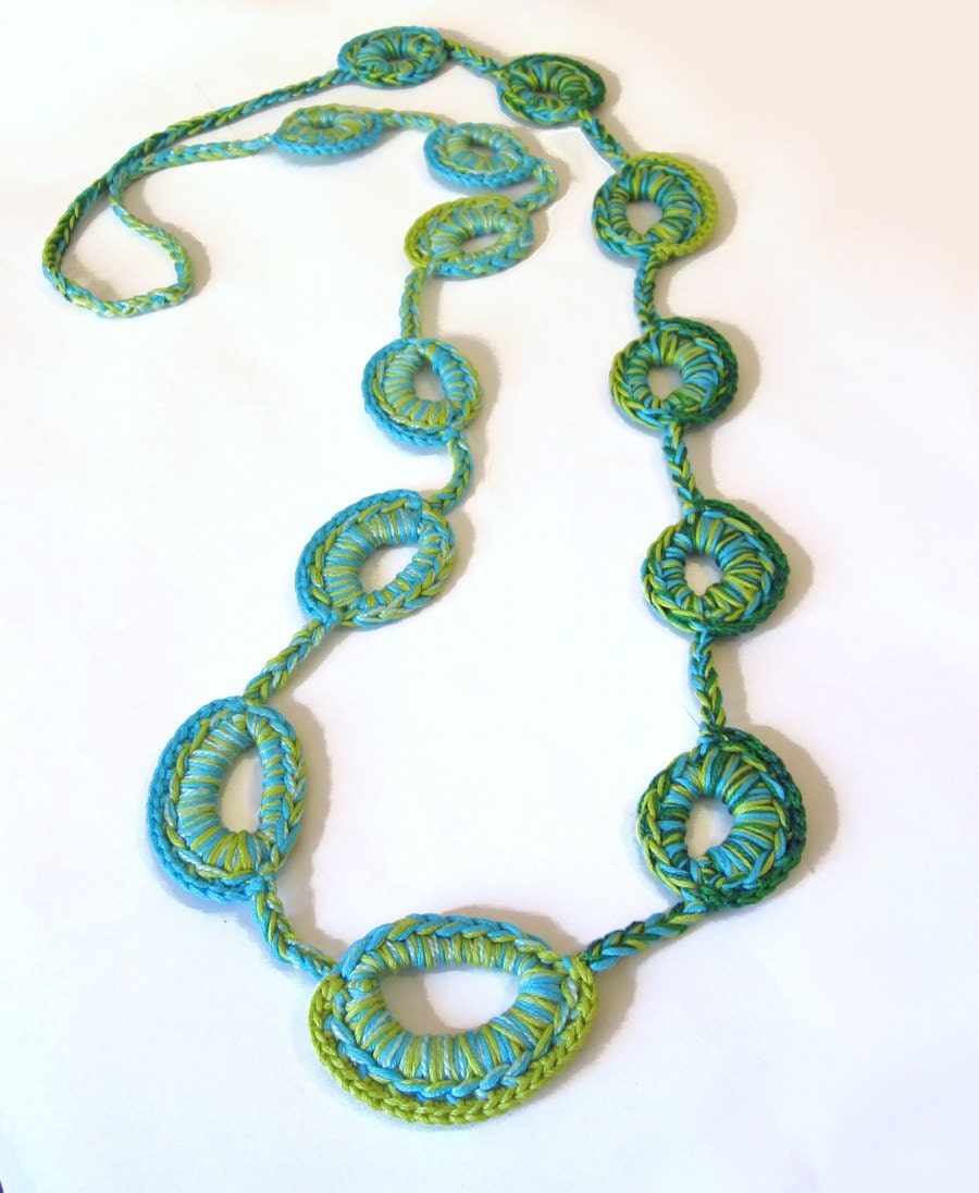 LOOK Cotton yarn Crochet Long Necklace Turquoise, Lime, Green, Blue, Long necklace, Fiber, Textile