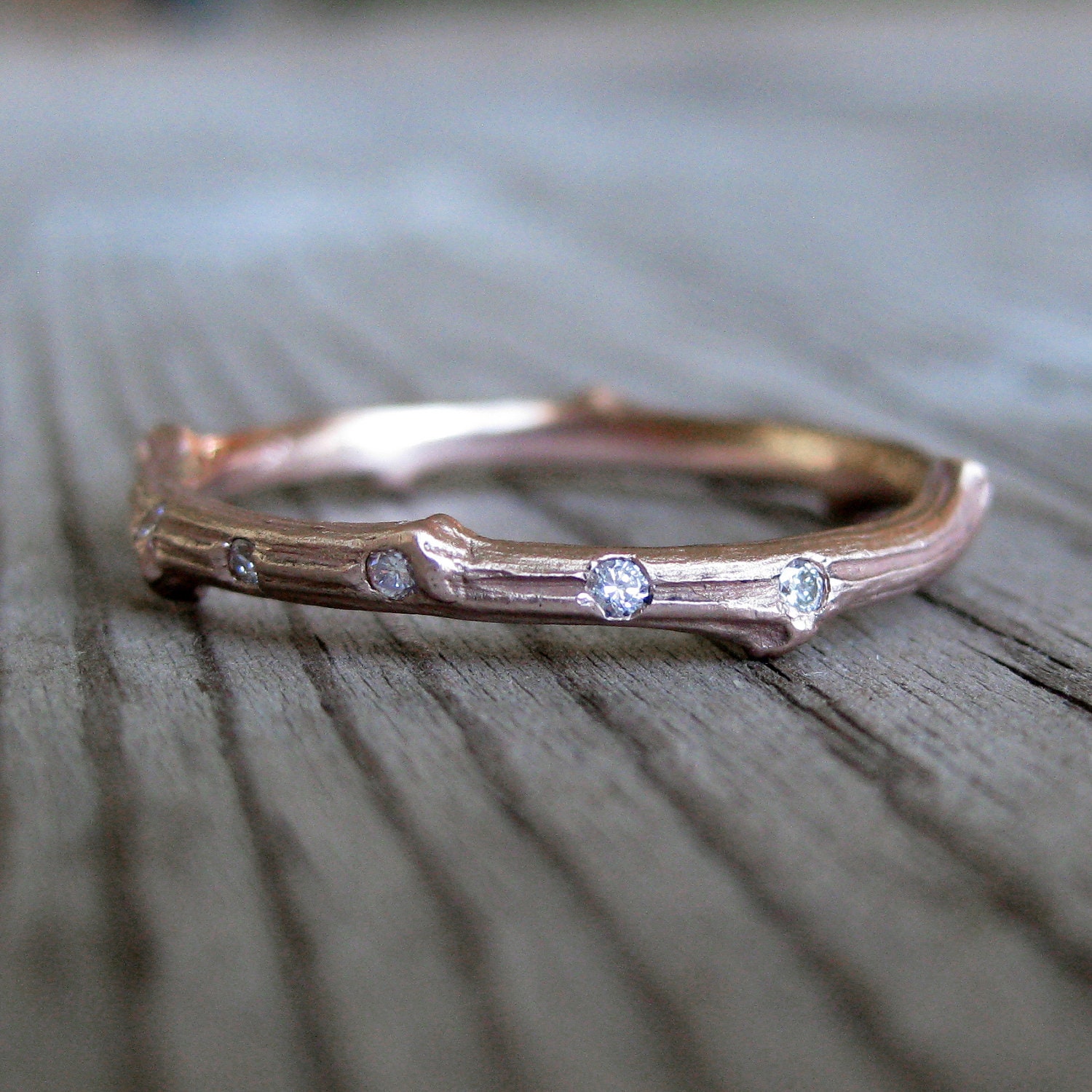 Rose Gold Scattered Diamond Twig Wedding Band, Recycled Gold, 2mm