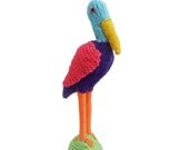 Knitted neon bright bird, upcycled wooden sculpture, knitted bird, yarnbomb, one of a kind, faux taxidermy