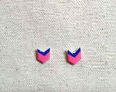 SALE Hand Drawn Chevron Post Earrings Studs - Dark Blue Pink