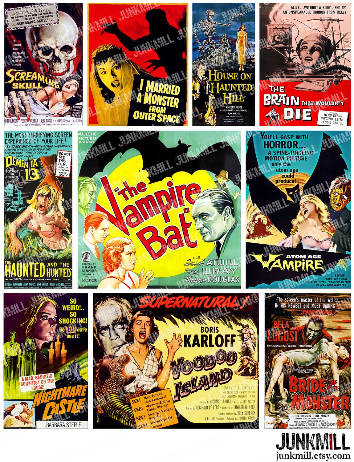 RETRO HORROR - Digital Printable Collage Sheet - Vintage B-Movie Posters, Pulp Film Art, Halloween Cult Classics, Instant Download