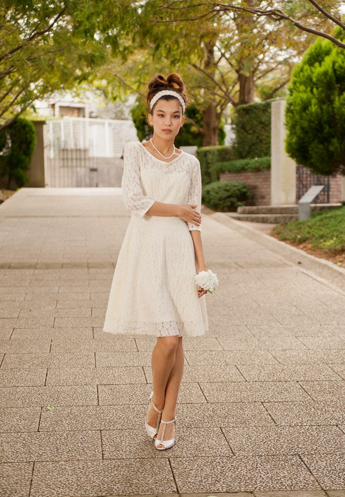 Cotton Lace Casual Wedding Dress -  Made to Order - Long Sleeves, Knee Length, Swing Skirt