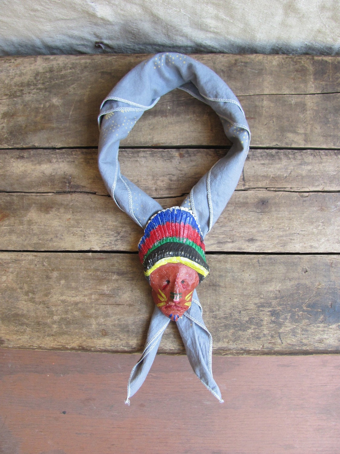 vintage c. 1960s INDIAN CHIEF neckerchief slide // handmade camp craft