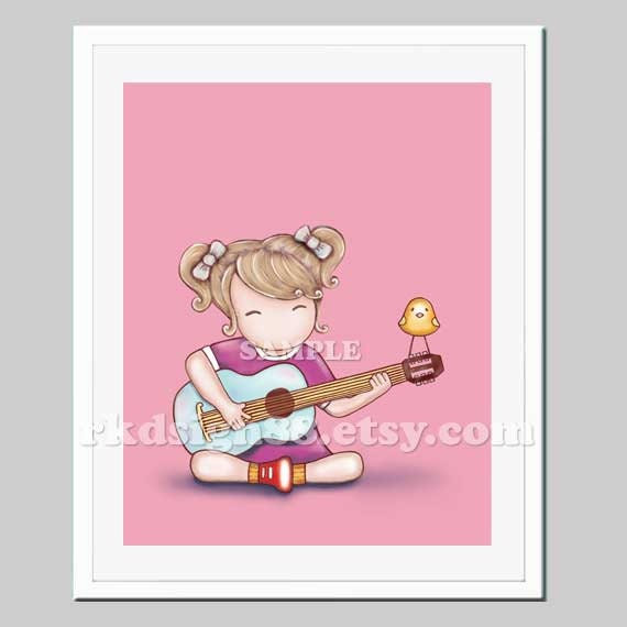 Girl nursery art, pink baby decor illustration, children music room drawing, giclee kids print, cute blonde hair, Guitar Lesson 2 - 8x10