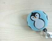 Retractable Badge Holder / ID Badge Reel (Clip-on) - Penguin on Blue