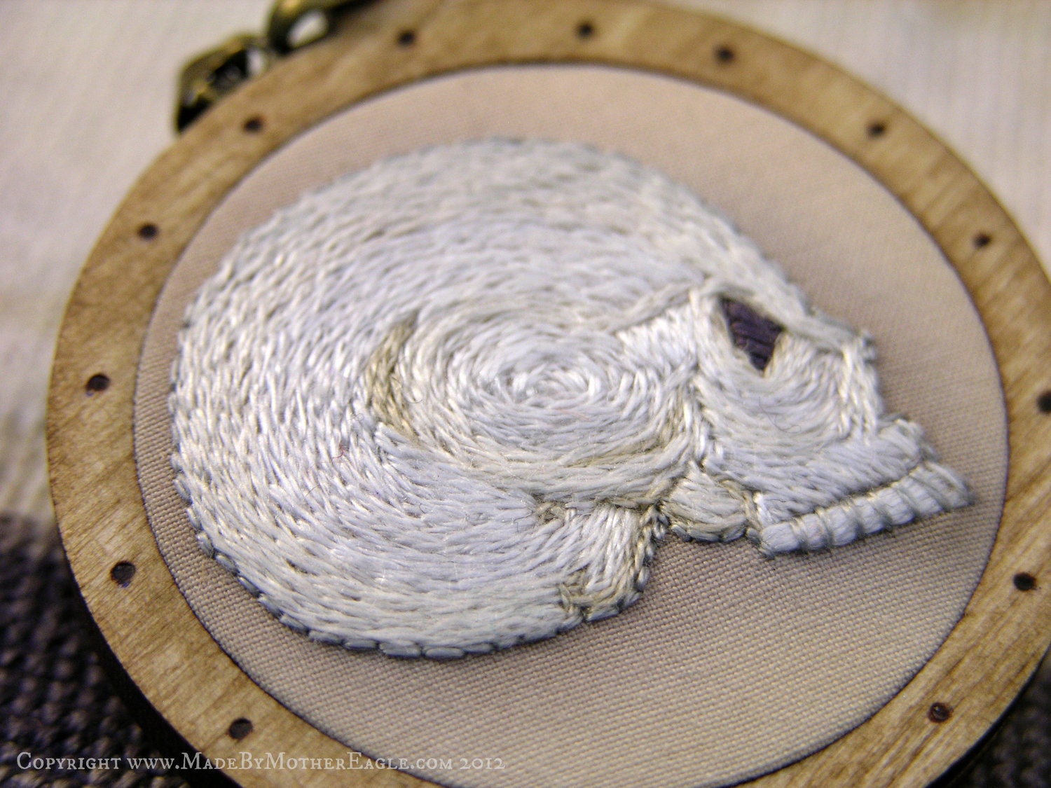 The Midwinter Skull Profile Pendant - Miniature Embroidery and Birch Wood