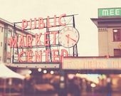 Seattle photography, travel photo, Pike Place Market, rainy day, red, rainbow bokeh, clock, time, urban city home decor