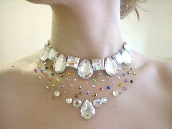 Rainbow Aurora Borealis Rhinestone Illusion Statement Bib Necklace, Colorful Floating Gems, Fashion Jewellery