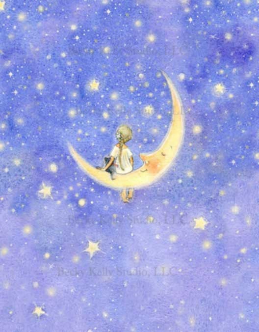 Fairy in a Periwinkle Blue Sky Print, Fairy Art, Fairy on the Moon Print, Large vibrant 8 X 10