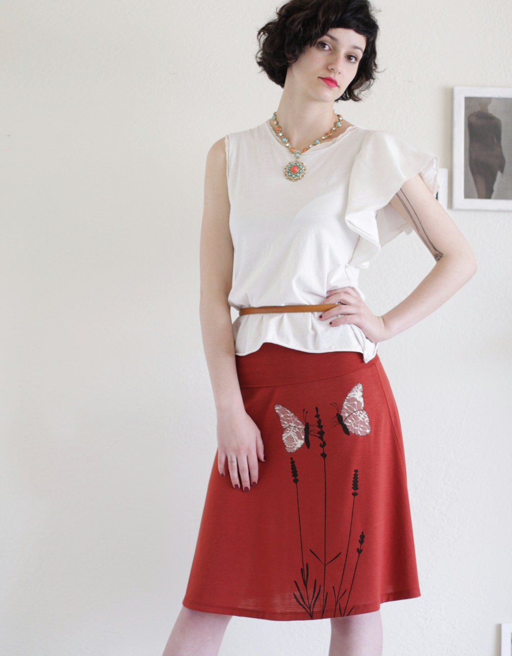 Plus size A line Knee Length Burnt Orange Skirt - Butterfly's office affair - size Extra Large