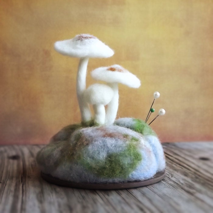 Pincushion White Mushrooms on Mossy Rocks Nature Scene Made To Order Home Decor Wool Sculpture