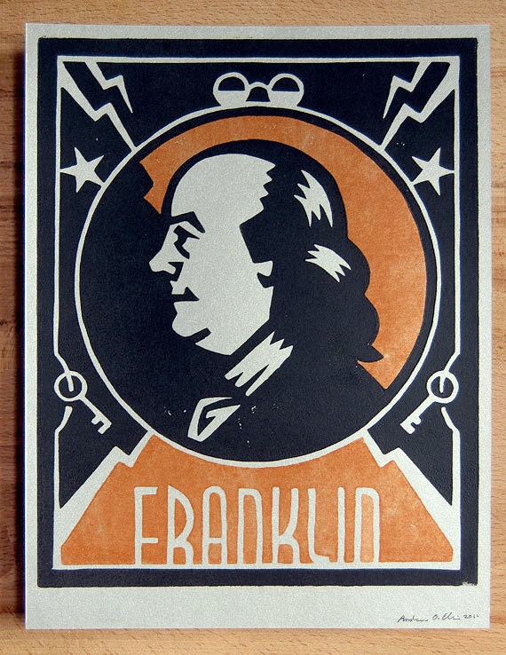 Art Deco Portrait of BENJAMIN FRANKLIN - Lino Block Print