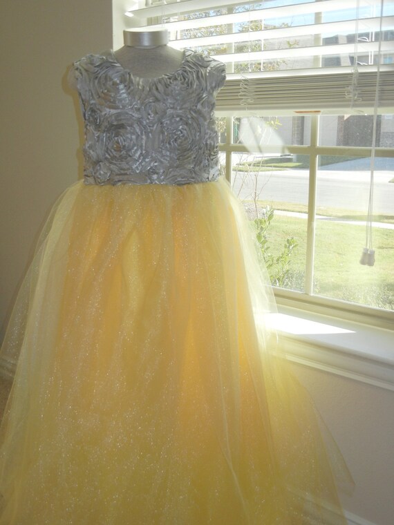 Flower Girl Dress, Yellow and Gray Flower Girl Dress, Tulle Flower Girl Dress, Floor Length Dress
