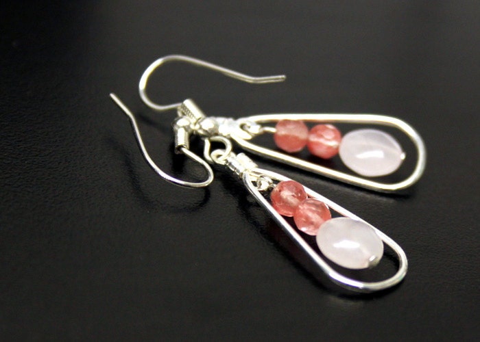 Rose and Cherry Quartz silver teardrop hoop earrings - Semi Precious - Valentine Gift Wrapped and Ships Immediately
