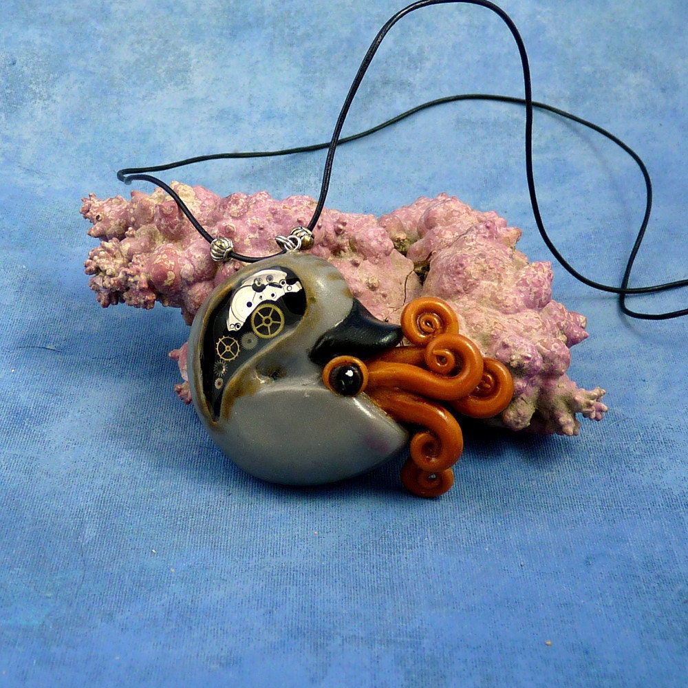 Steampunk Nautilus Necklace, Polymer Clay Neo-Victorian Cephalopod Pendant