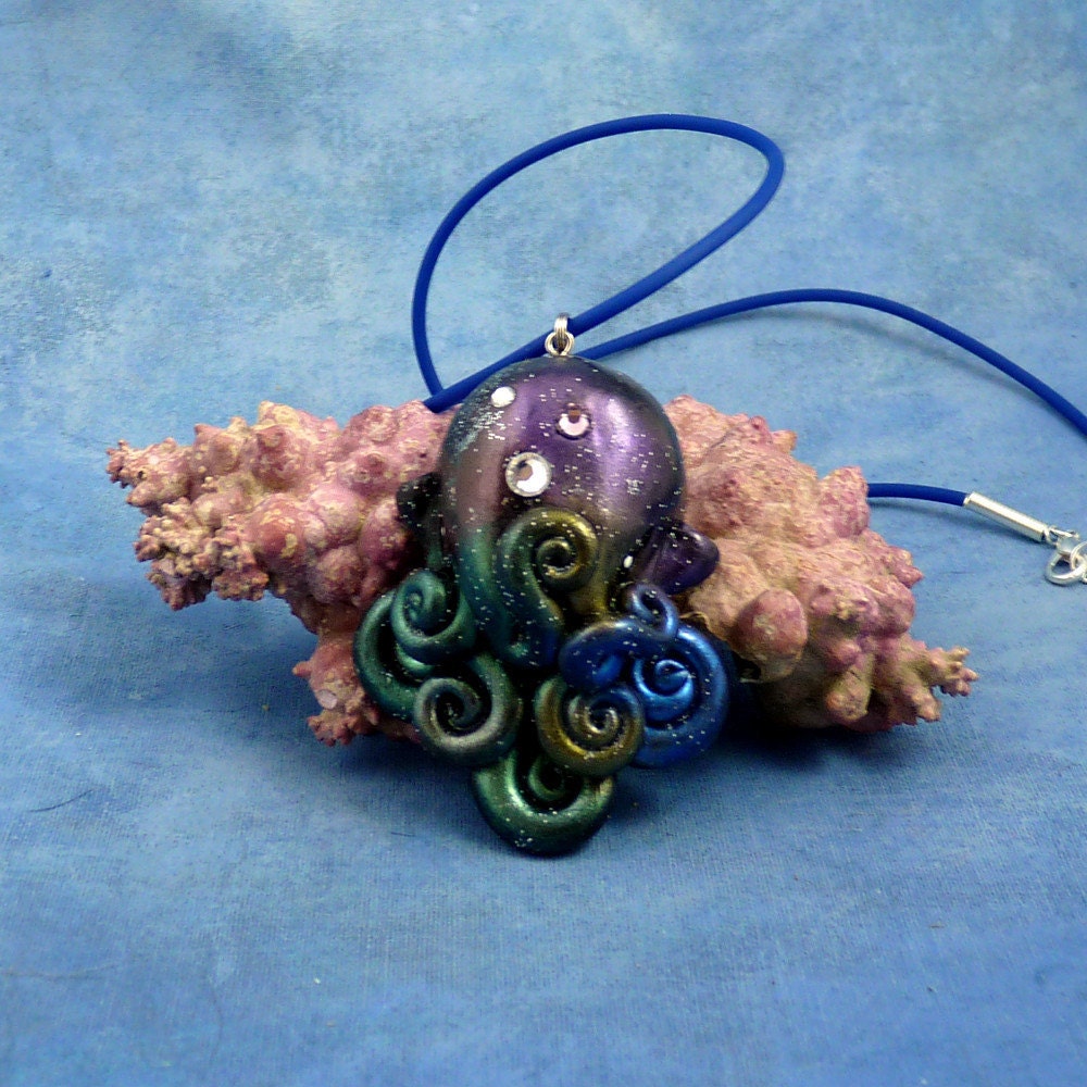 Cosmic Octopus Necklace - Handmade Polymer Clay Space Jewelry