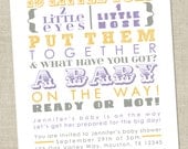 Baby Shower Invitation - words, gender neutral gray yellow purple lilac (Printable Digital File OR Printed Cards)