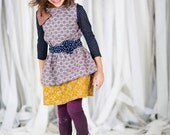Purple Vintage Print Girl's Dress with an oversized bow at the shoulder and a polka dot rosette belt, holiday outfit, sizes 12mos - 9/10