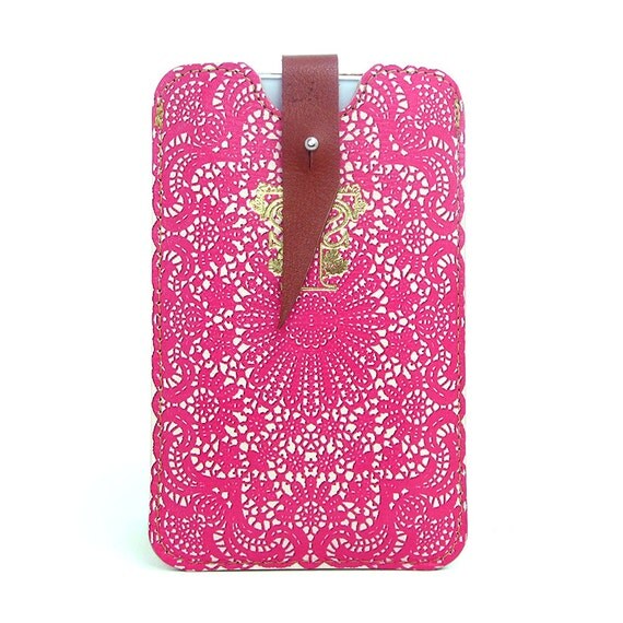 Leather iPhone case - Hot Pink Lace