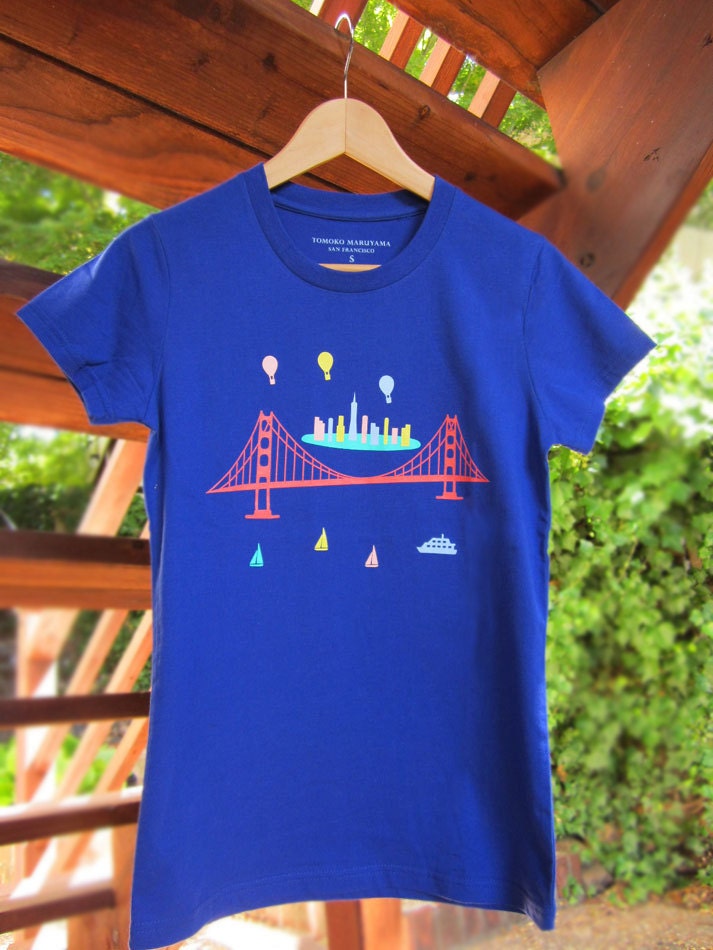 Golden Gate Bridge T-Shirt - Cotton, California, San Francisco, Women, Blue, Cute, Gift, Holiday