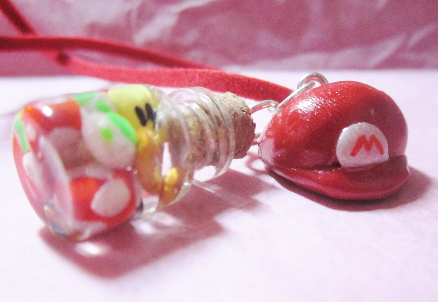 Hand Sculpted Super Mario Bros Cap and Power-Ups Bottle Necklace--Customize With Your Favourite Mario Brother