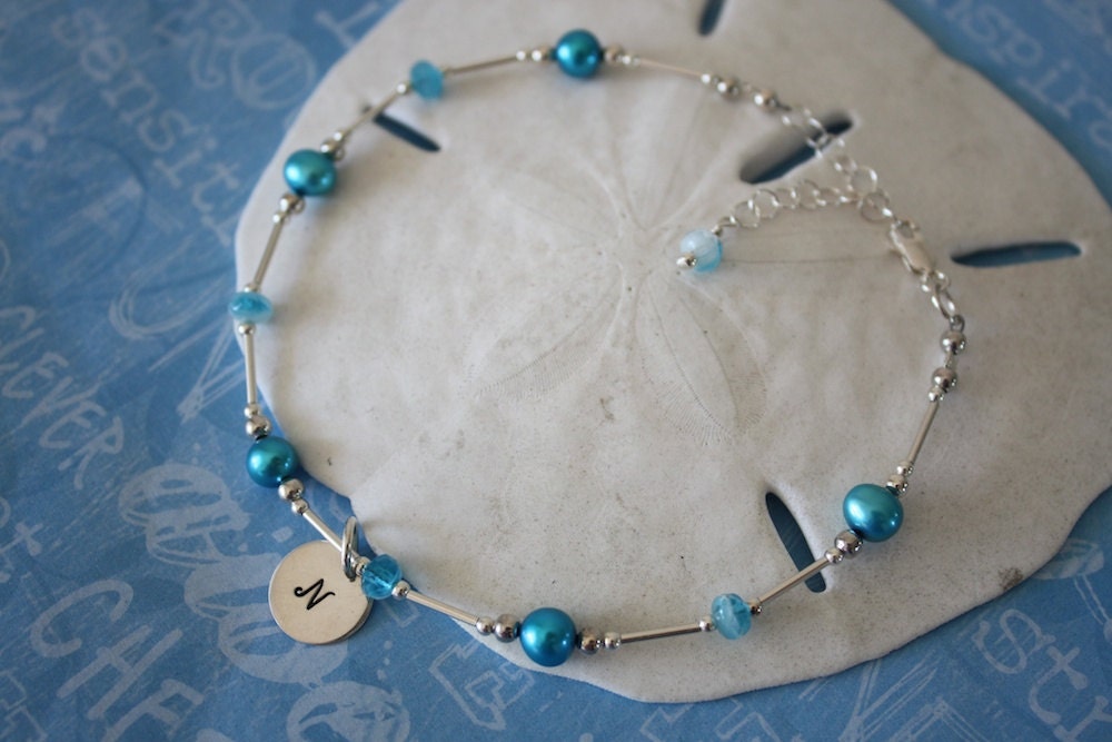 Something Blue, Blue Pearl Anklet, Initial Charm Anklet, Pearl & Initial Sterling Silver Adjustable Anklet