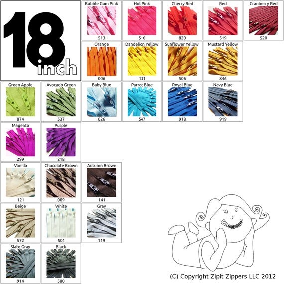 25 Mix and Match 18 Inch YKK Closed Bottom Zippers Parrot Blue Bubblegum Pink Violet Cream Beige Purple