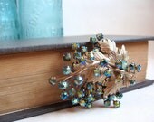 Rhinestone Brooch Blue Green Auruora Borealis by Cathe 1950s