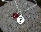 Who do you love  silver necklace - tiny question mark charm, red glass heart on sterling silver chain - for Dr Who and mystery fans