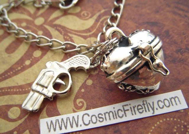 Steampunk Gun Charm Bracelet Heart Locket Antiqued Silver Plated Rustic Finish Fashion Jewelry By Cosmic Firefly
