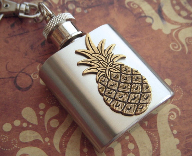 Mini Flask Keychain Brass Pineapple Flask 1 Ounce Gothic Victorian Tiki Steampunk Unisex Flask Tiny Flask