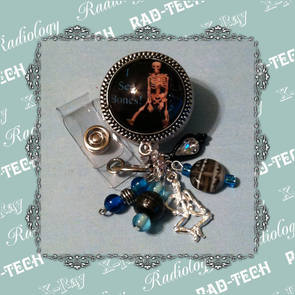 I See Bones X-Ray Tech Radiology Beaded and Charmed Retractable Badge Reel - Great Gift for radiology, radiologist