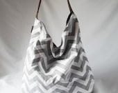 Grey Chevron Hobo - Zig zag handbag with Brown vegan suede strap - Handmade bags - Made to Order