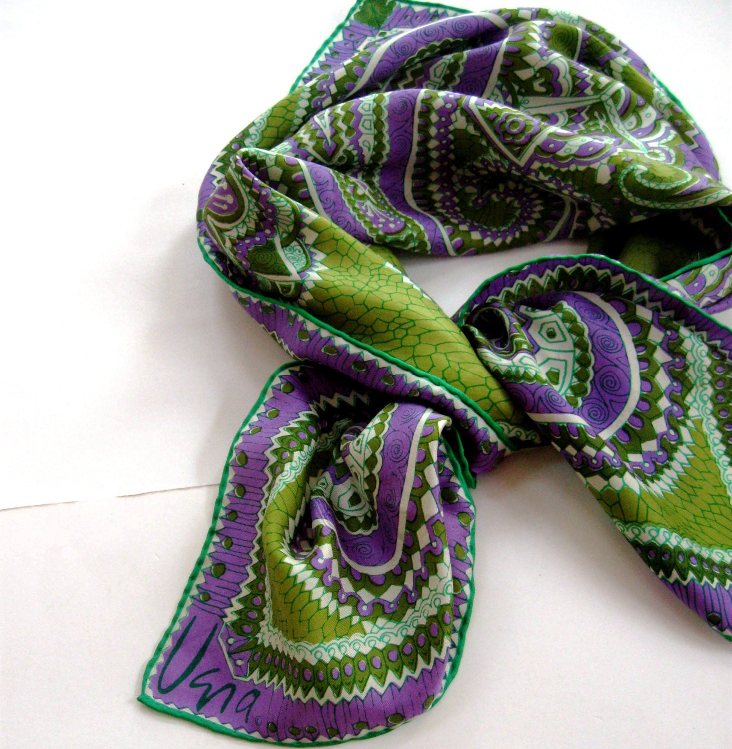 Vintage Vera Silk Scarf Paisley Lime Green Purple Violet Square