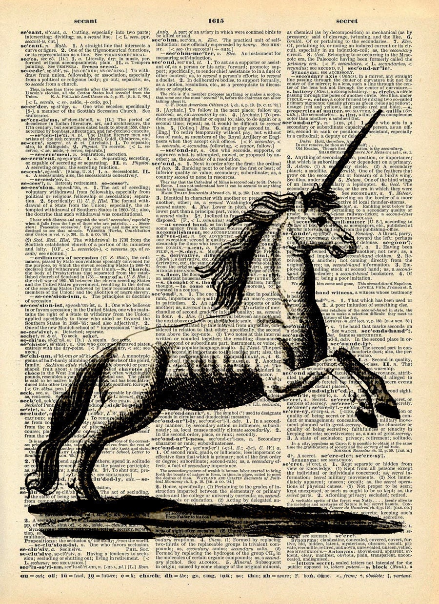 Old Book Print - Unicorn Fantasy Art - Upcycled Antique Book Print - Mythological Beast Animal Art Print