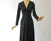 Vintage 70s Maxi Dress Sexy Black Slinky Knit Dress w Gold Beads & Deep Plunging Neckline