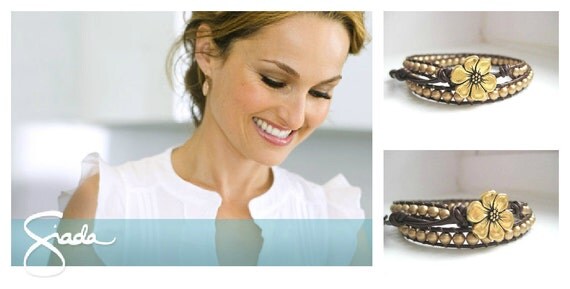Giada De Laurentiis - Goddess Bracelet - Gold Czech Glass Beaded Leather Double Wrap Bracelet Chan Luu Style Gold Flower Button