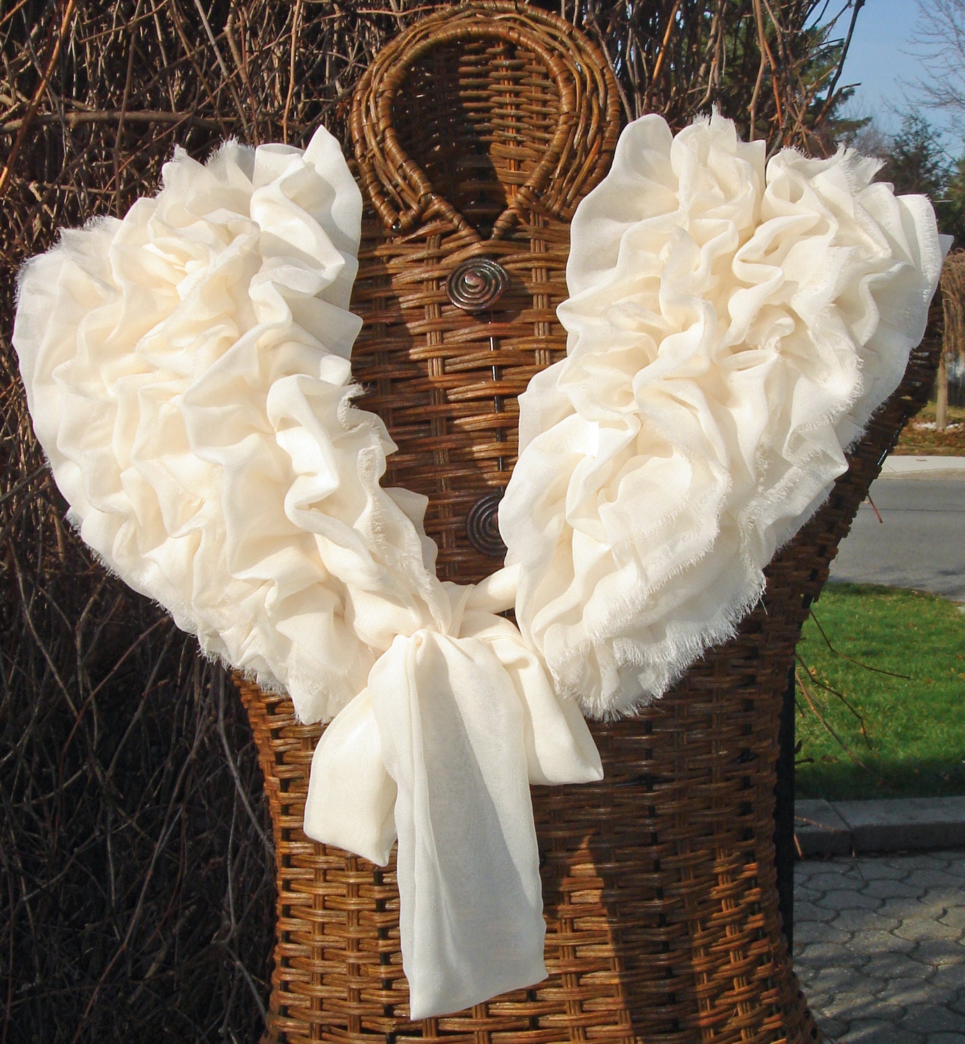 Cream Silk Chiffon Ruffle Scarf Capelet