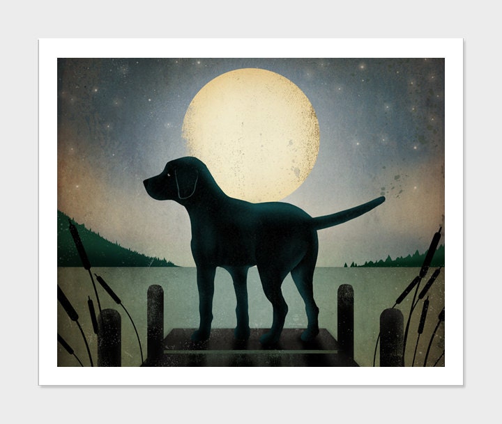 Moonrise Black Yellow or Brown Dock Dog Graphic Art Illustration Giclee Print 8X10 Signed AS IS no CUSTOMIZATION