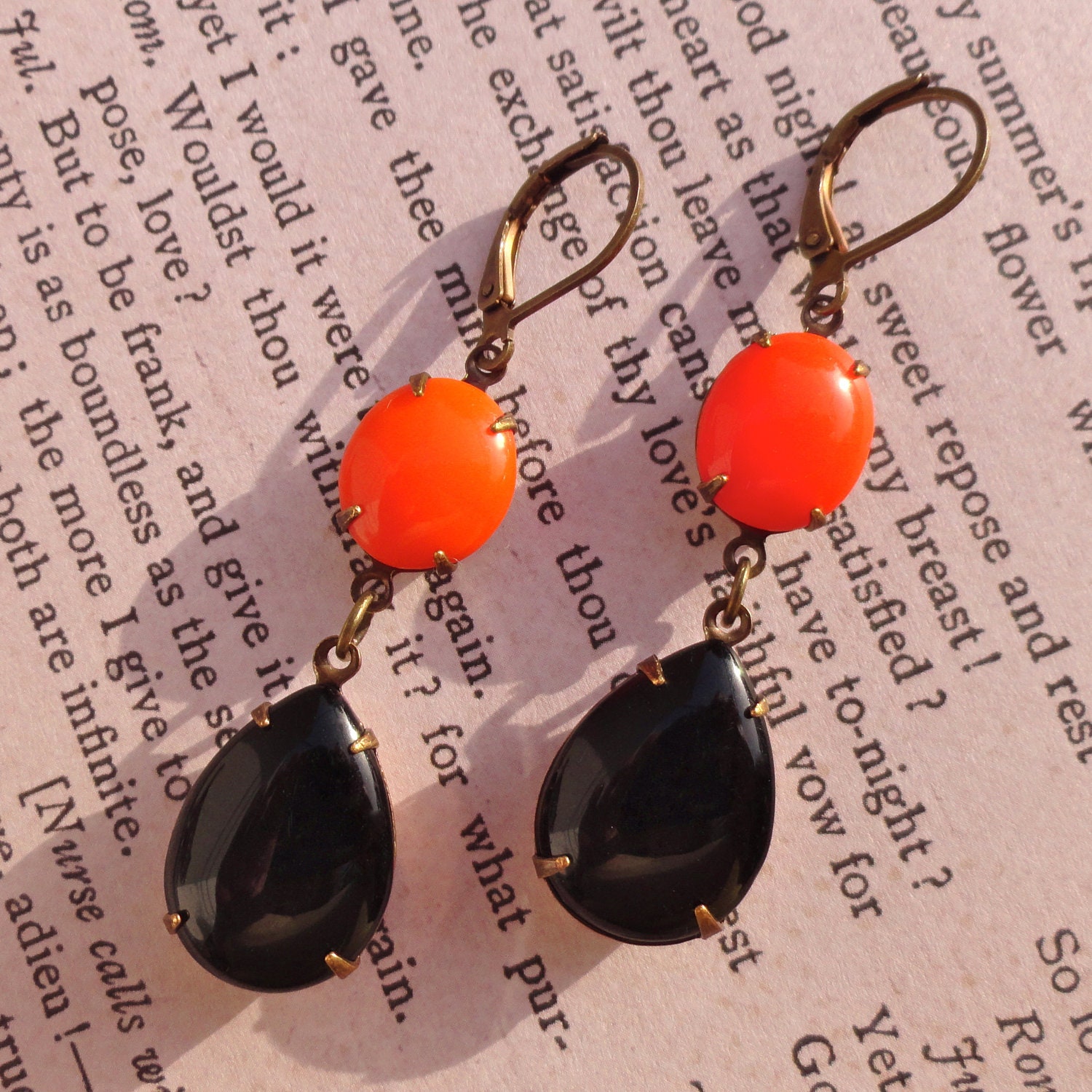 Vintage Milk Glass Retro Rhinestone Earrings Orange Black Halloween