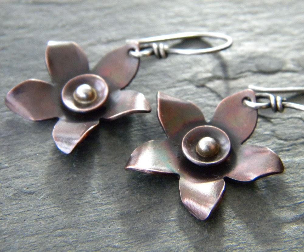 Copper Flower Earrings Sterling Silver Dark Coppery Brown Patina Large Mixed Metal Artisan Jewelry