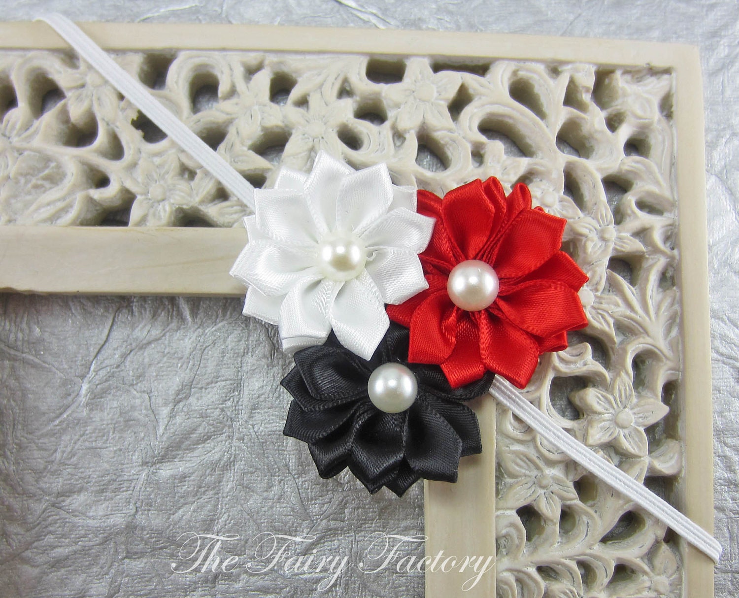 Satin Flower Headband, Red Black & White Satin Flower Trio w/ Pearls Headband - The Emily - Minnie Insp., Baby Toddler Child Girls Headband