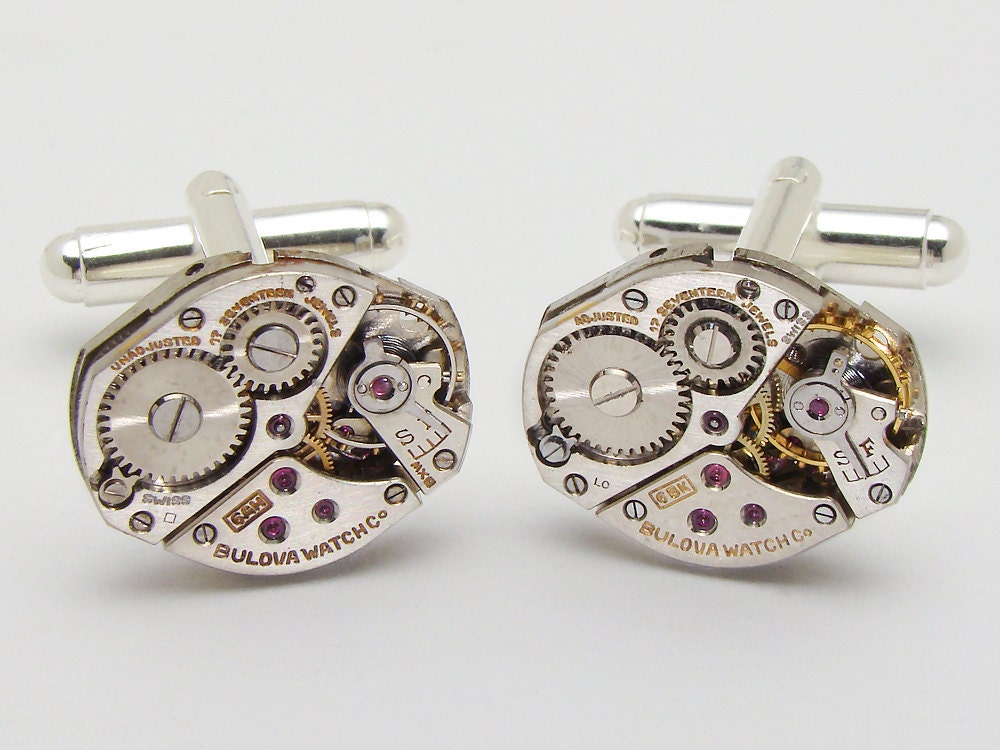Steampunk cufflinks vintage Bulova watch movements gears wedding anniversary grooms gift silver cuff links men jewelry Steampunk Nation 1980